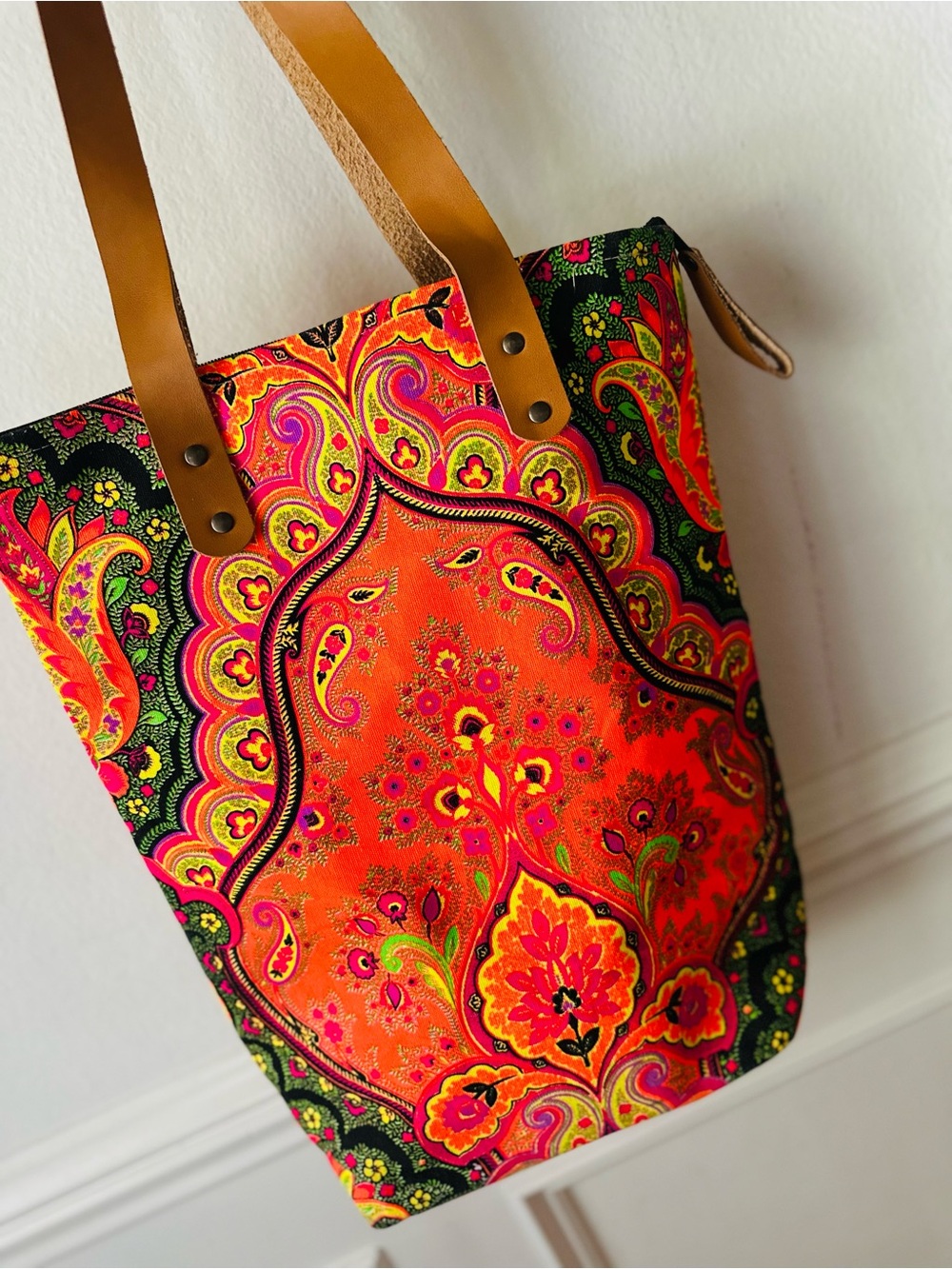 handmade Costa Rica 100% cotton paisley tote bag| Leather handles| artisan boho